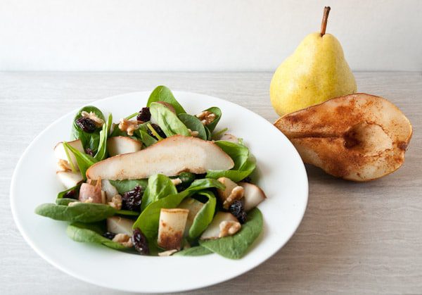 Roasted Pear Salad. Spiced up with ginger and cinnamon. Perfect for a fall lunch or a starter for Thanksgiving dinner.