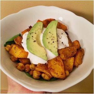 Curry Roasted Butternut Squash and Chickpeas with a Cilantro Lemon Yogurt Sauce