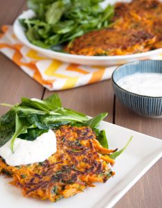 Gluten Free Carrot Pancakes with Salted Yogurt Sauce