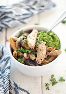 Sauteed mushroom with kale pesto pasta