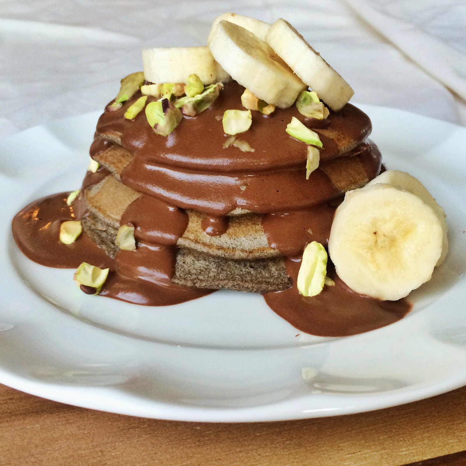 Gluten Free Vanilla Maca Buckwheat Pancakes with a Chocolate Coconut Ganache