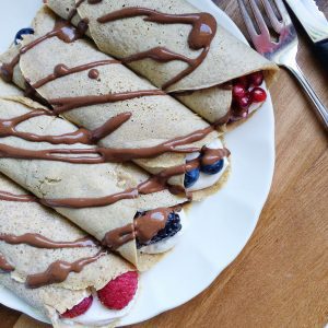 Maca Cinnamon Crepes [with a Raw Cacao Peanut Butter Drizzle]
