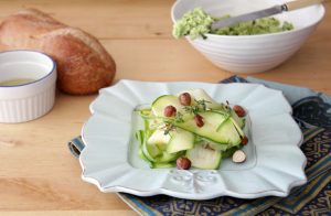 Fava Bean Crostini + Zucchini And Hazelnut Salad