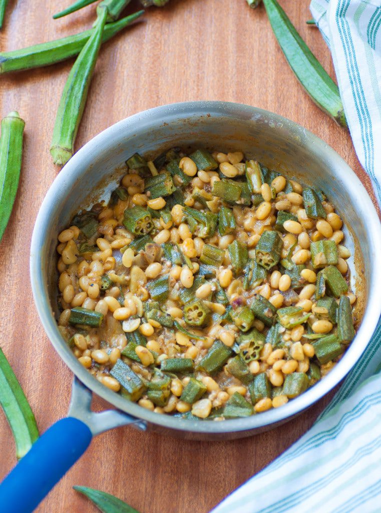 Fried Okra with Beans in Creamy Coconut Sauce is a naturally gluten-free, mildly spiced, delicious vegan main that is perfect with any rice or flatbread of your choice. #vegan #plantbased #healthy #glutenfree #vegetarian