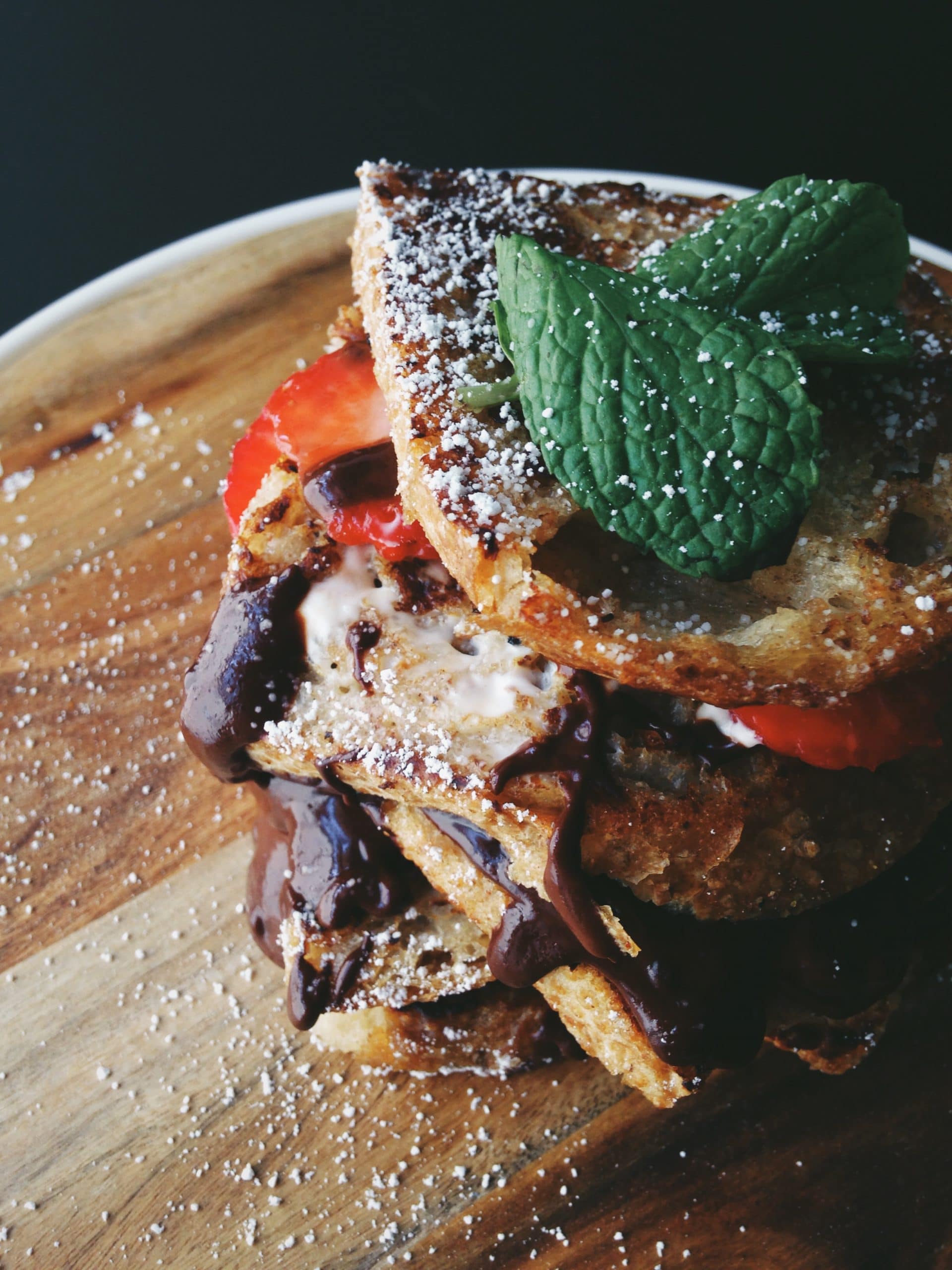 French Toast Stack with chocolate covered strawberries