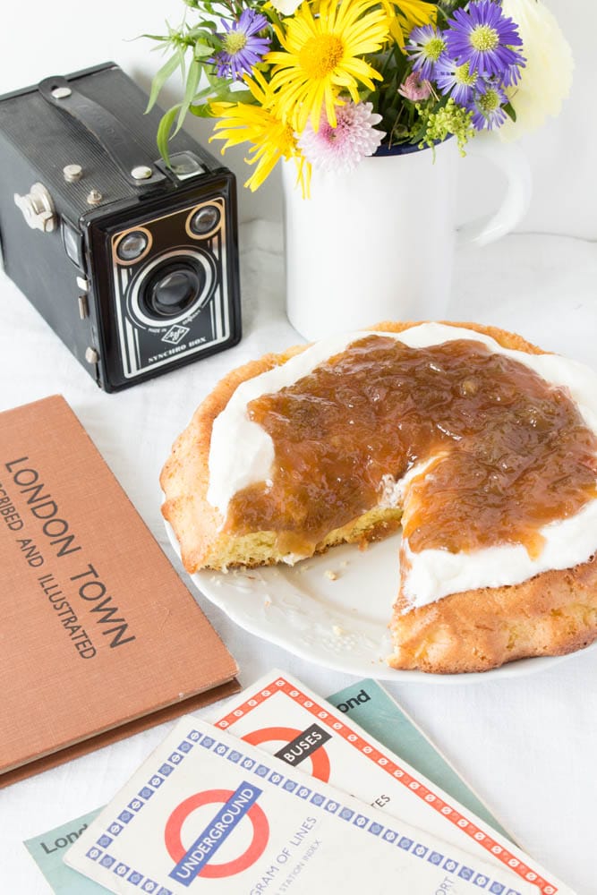 Rhubarb and cream cake with vintage Agfa camera and vintage London guide book 