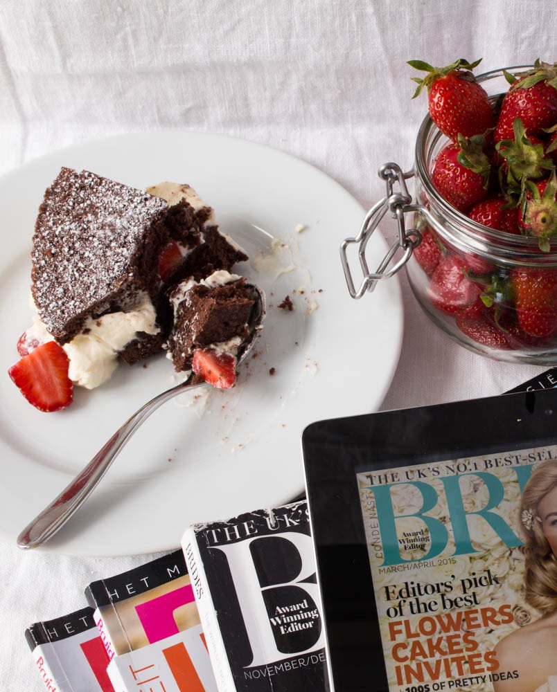 cake, strawberries and wedding magazines