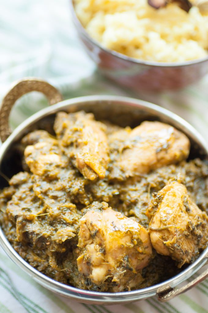Palak chicken is a dish in which pan-fried chicken pieces are braised in a creamy, redolent spinach sauce. At only 325Cals/portion it is perfect with rice or any flatbread. #poultry #glutenfree