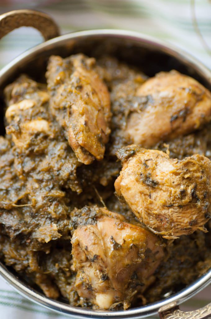 Palak chicken is a dish in which pan-fried chicken pieces are braised in a creamy, redolent spinach sauce. At only 325Cals/portion it is perfect with rice or any flatbread. #poultry #glutenfree
