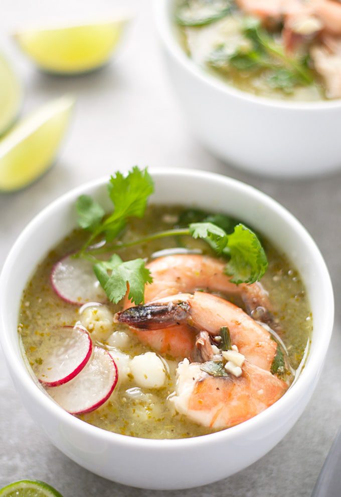 green posole with garlic lime shrimp