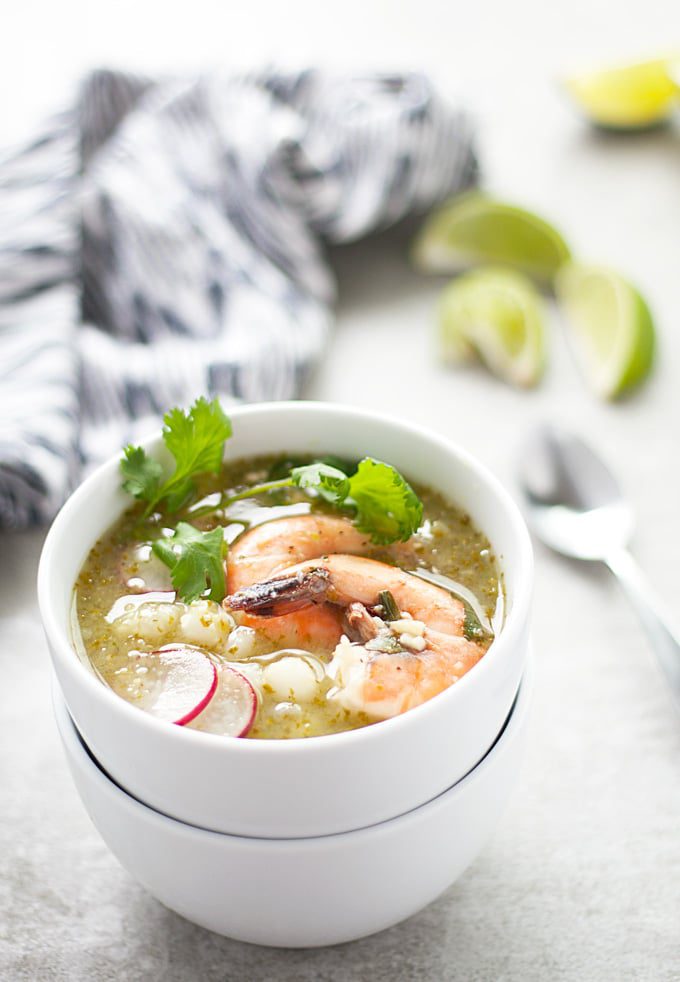 green posole with garlic lime shrimp