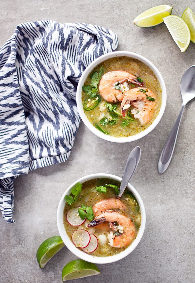 green posole with garlic lime shrimp