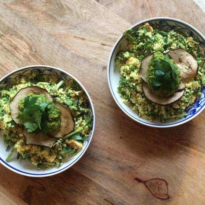Cauliflower ‘couscous’ With Grilled Eggplant And Green Hummus