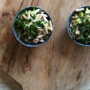 Spelt Pasta With Greens, Poached Chicken And Goats Cheese