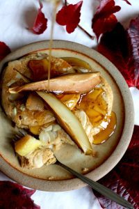 Gingerbread Pancakes With Almonds And Maple Roasted Pear