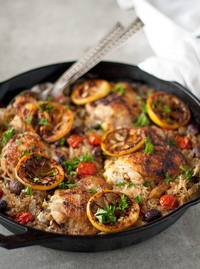 One Skillet Greek Chicken and Rice | ahappyfooddance.com