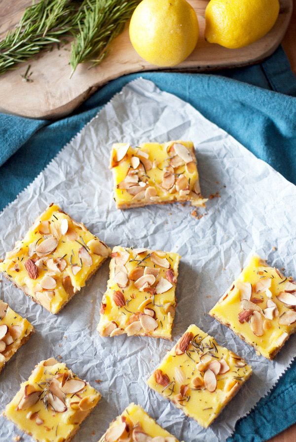 Rosemary Lemon Bars with Almond Shortbread Crust | ahappyfooddance.com