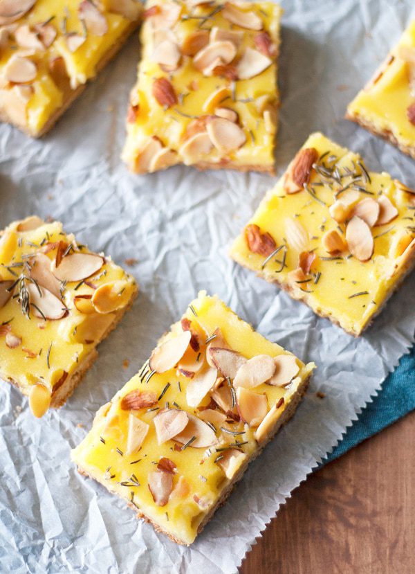 Rosemary Lemon Bars with Almond Shortbread Crust | ahappyfooddance.com