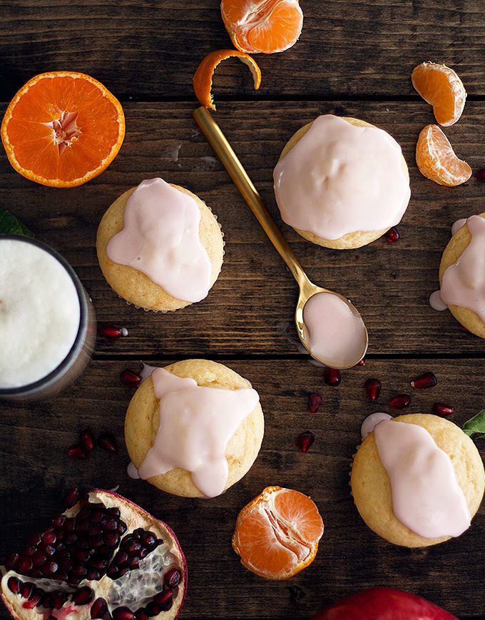 satsuma muffins with pomegranate glaze