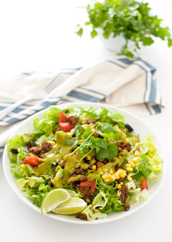 {skinny} taco salad with avocado cilantro dressing - gluten and dairy-free | ahappyfooddance.com