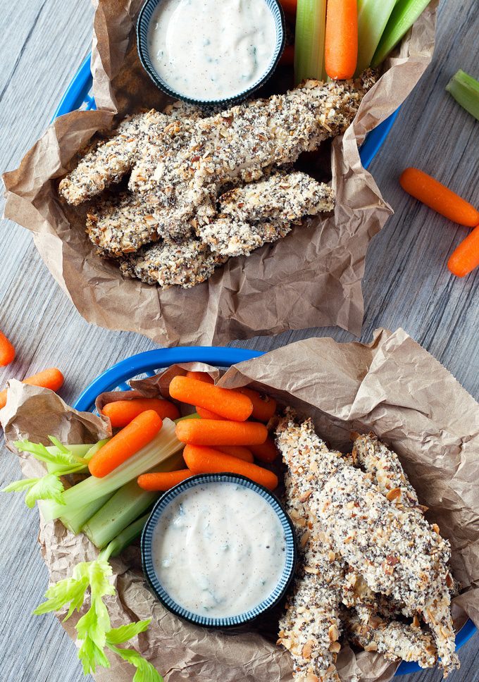 toasted almond and chia seed chicken fingers served with a homemade yoghurt ranch dressing | ahappyfooddance.com