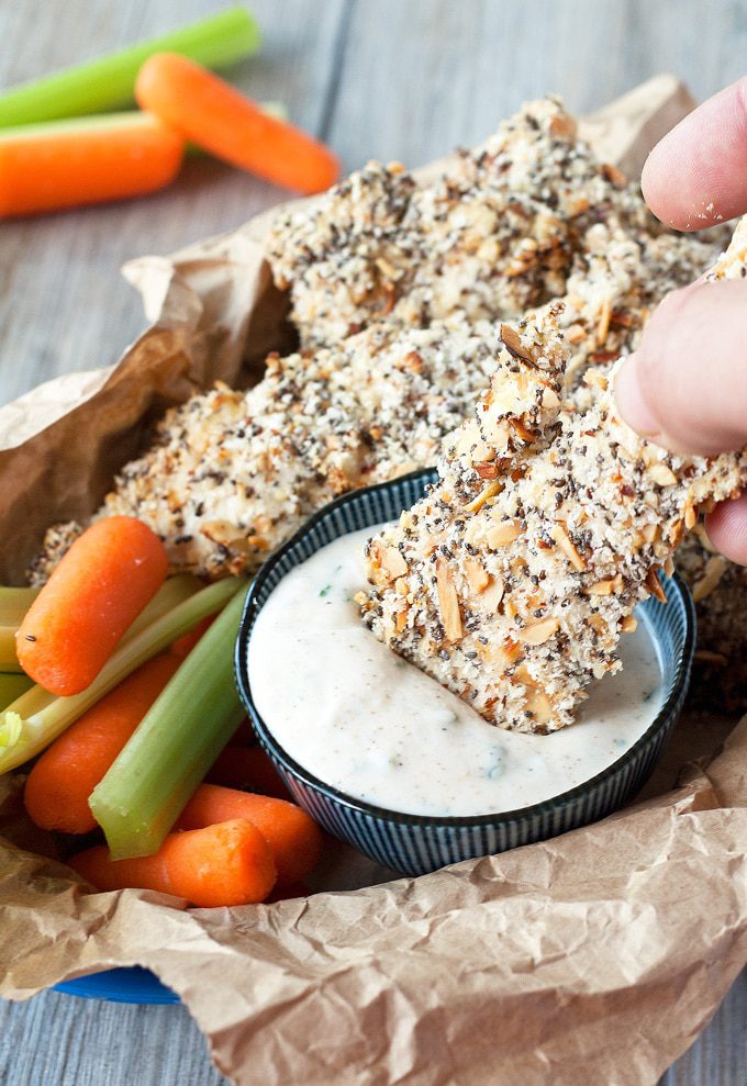 toasted almond and chia seed chicken fingers served with a homemade yoghurt ranch dressing | ahappyfooddance.com