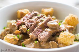 Sirloin Gnocchi Poutine With Cheeseballs And Mushroom Gravy