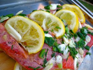 Cedar Plank Salmon & Squash "Pasta" With Goat Cheese & Oven-Dried Tomatoes