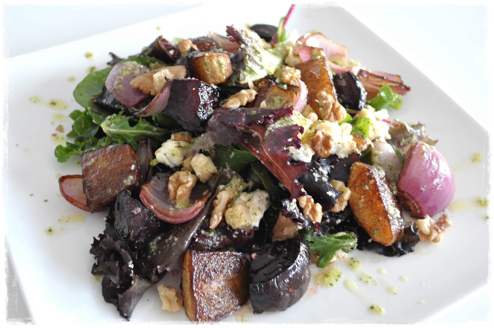 Roasted Beetroot, Pear & Goat’s Cheese Salad With Basil Pesto Dressing