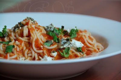 Roasted Red Pepper-Tomato Pasta With Basil And Goat Cheese