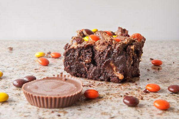Fudgy, rich flourless triple chocolate brownies laced with peanut butter swirl, Reese's Pieces and chopped up Reese's cups. Just do it.