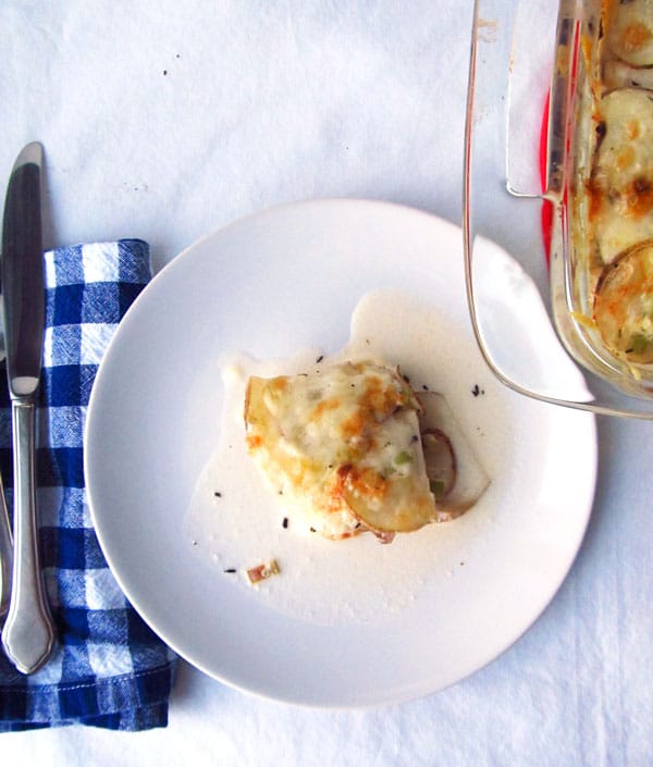 A slice of Ham and Leek Scalloped Potatoes