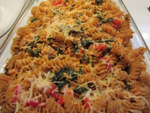 Roasted Red Pepper, Spinach, Chicken & Goat Cheese Pasta Bake