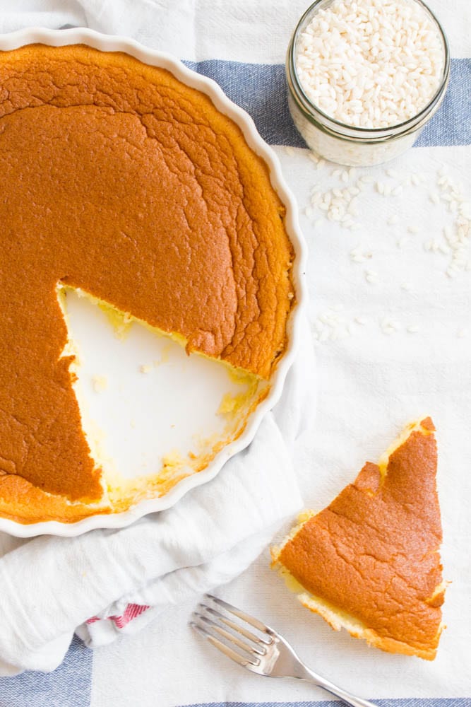 Slice of crustless rice pudding pie