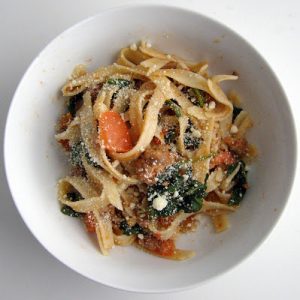 Sausage, Tomato, And Arugula Fettuccine