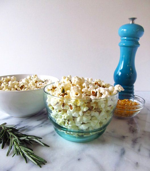Popcorn flavored with rosemary, black pepper, and butter