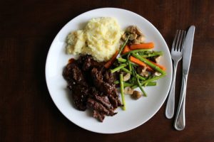 Tenderloin Strips With Cheesy Corn Mashed Potato And Sauté Vegetables