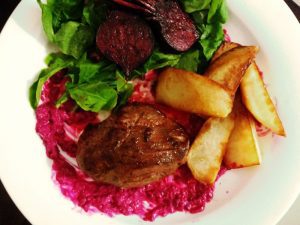 Steak With Beetroot And Goat Cheese Sauce With Orange Glazed Potato