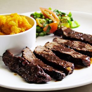 Grilled Steak With Mashed Pumpkin And Tomato Basil Salad