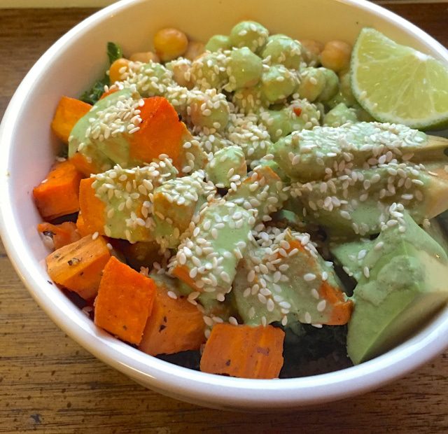 Healthy meal, healthy meals, healthy dinner recipes, vegan meal, vegan meals, vegan dinner recipe, avocado, yam, cilantro dressing, quinoa bowl recipe, recipe, recipes, roasted yam recipe, chickpeas, garbanzo beans, coconut