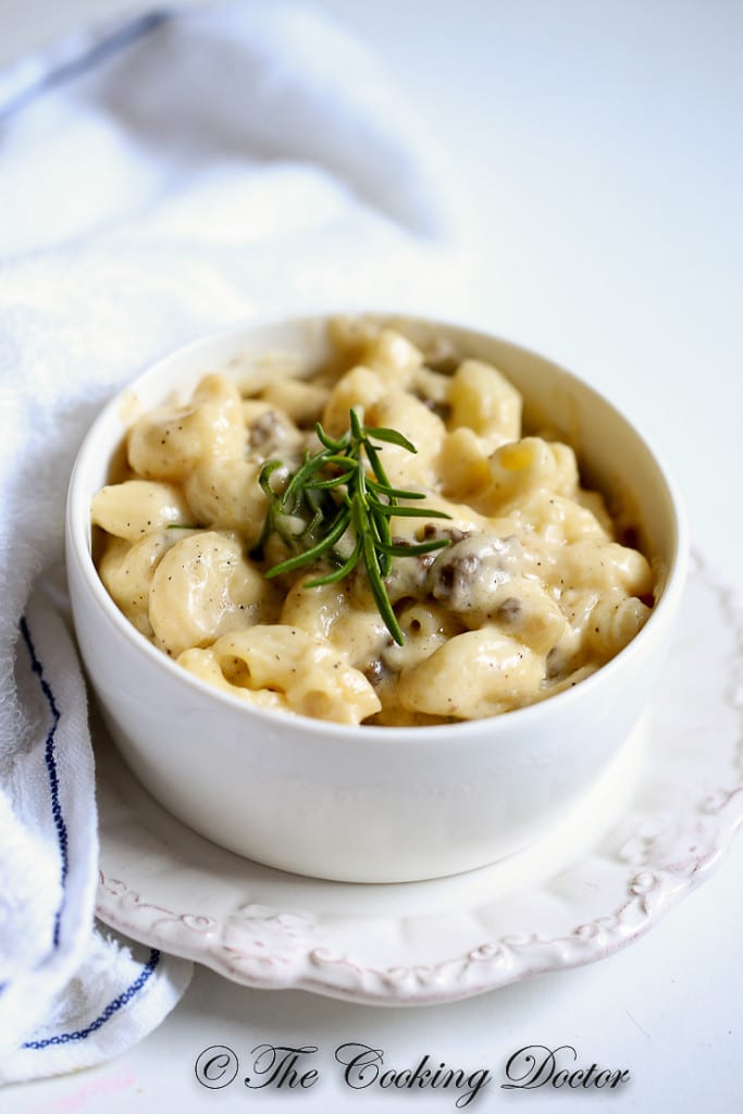 mac and cheese with rosemary and lamb by the cooking doctor