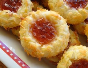 Raspberry Coconut Thumbprint Cookies